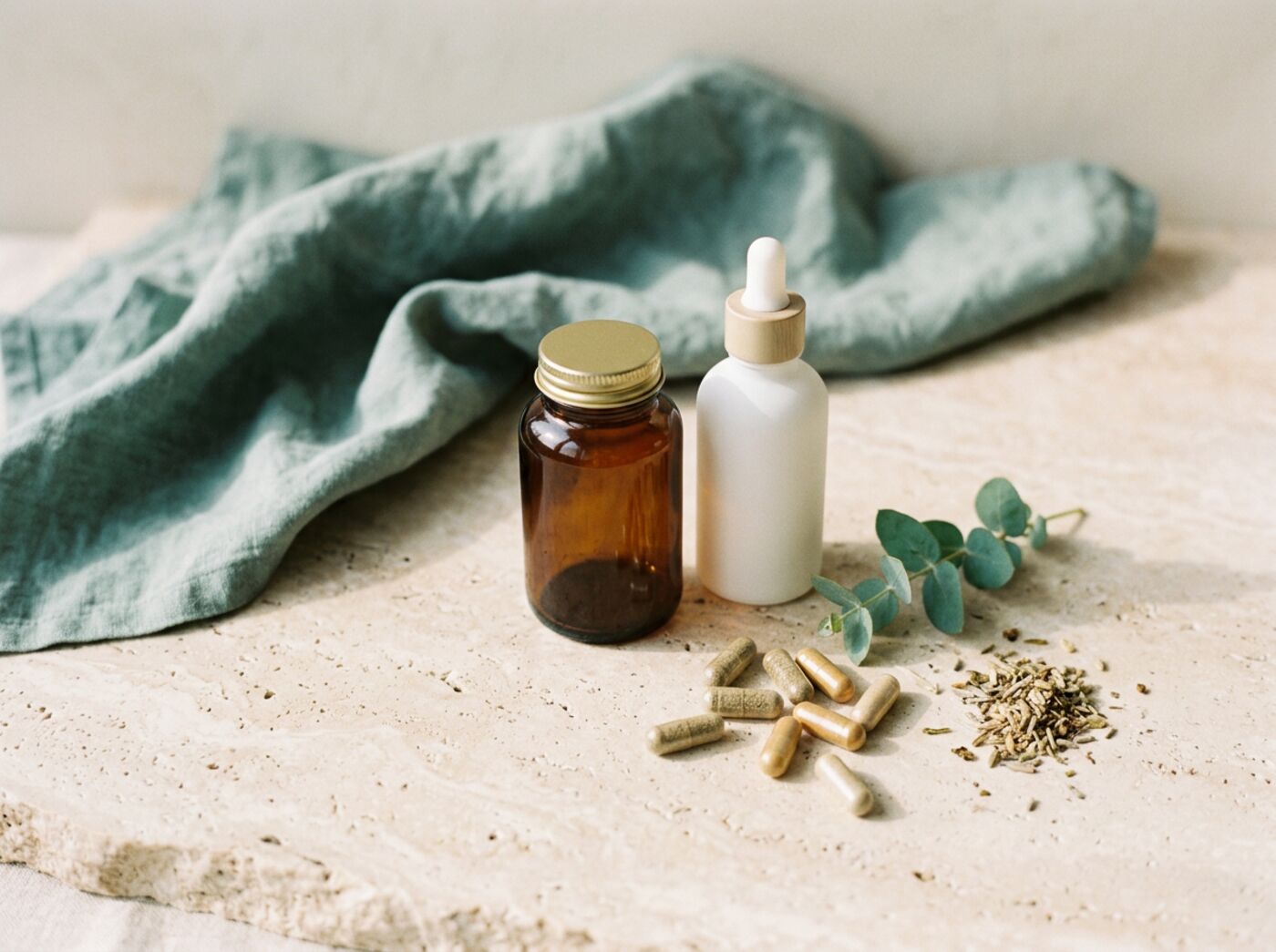 Supplement bottles and capsules on white linen