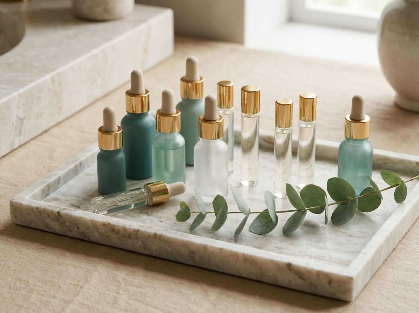 Amber dropper bottles arranged on a stone surface