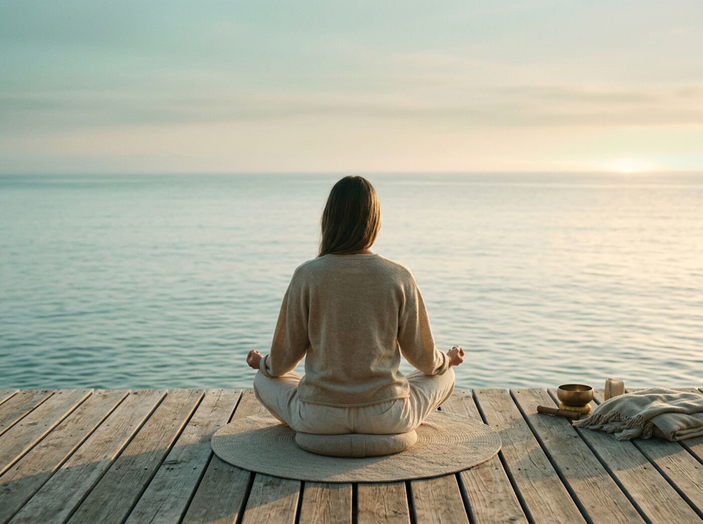 Person sitting cross-legged on a deck above a calm ocean at dawn