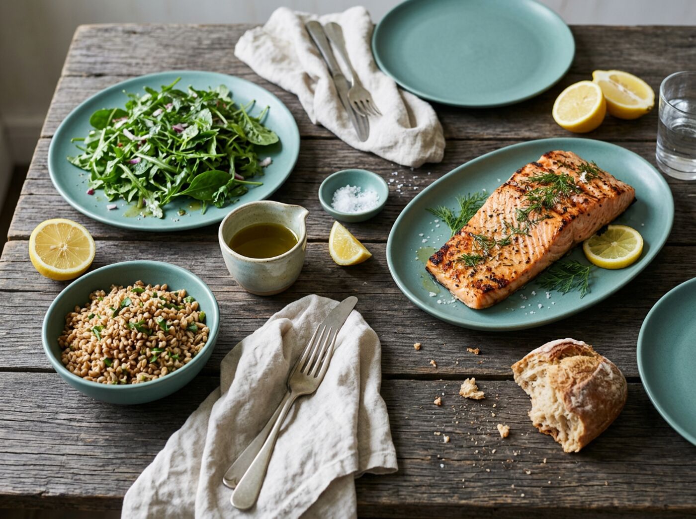 Fresh salmon, greens and whole grains on a rustic table