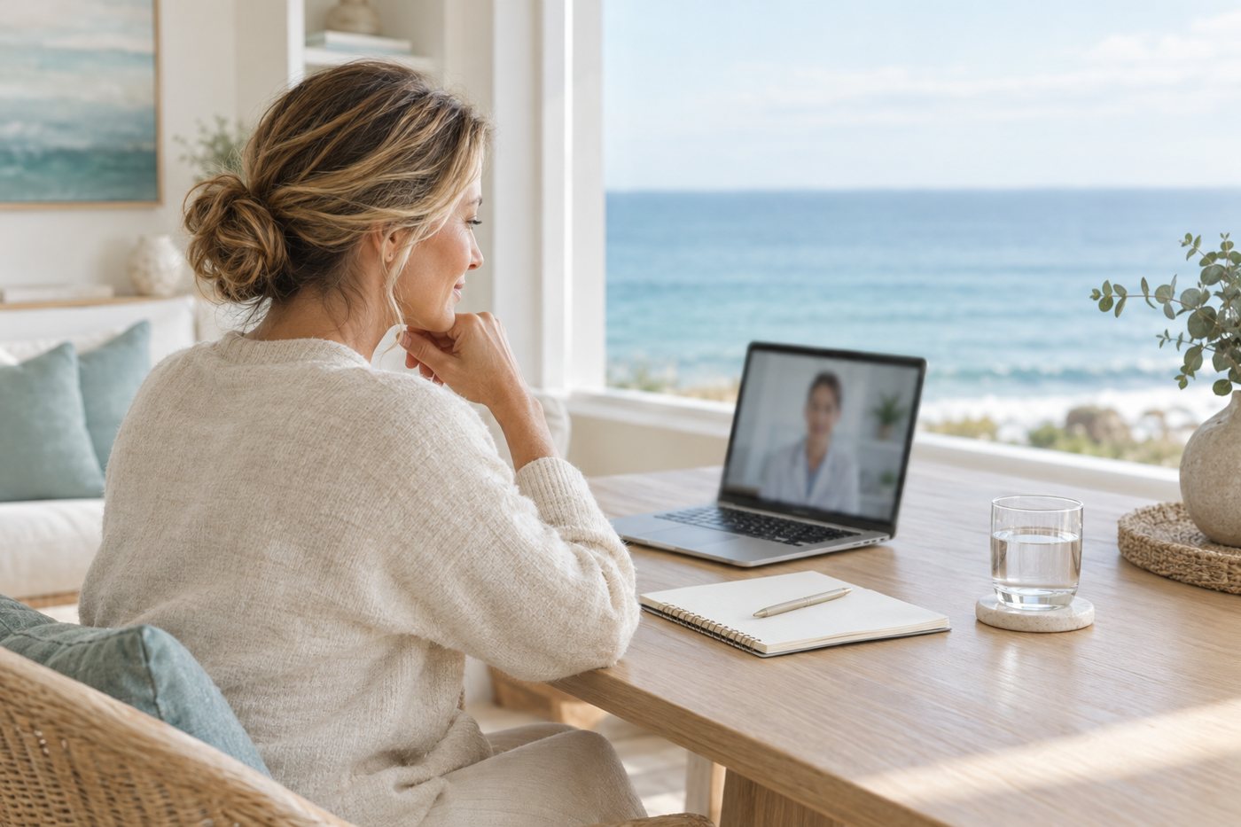 Woman at a table by an ocean-view window during a video consultation